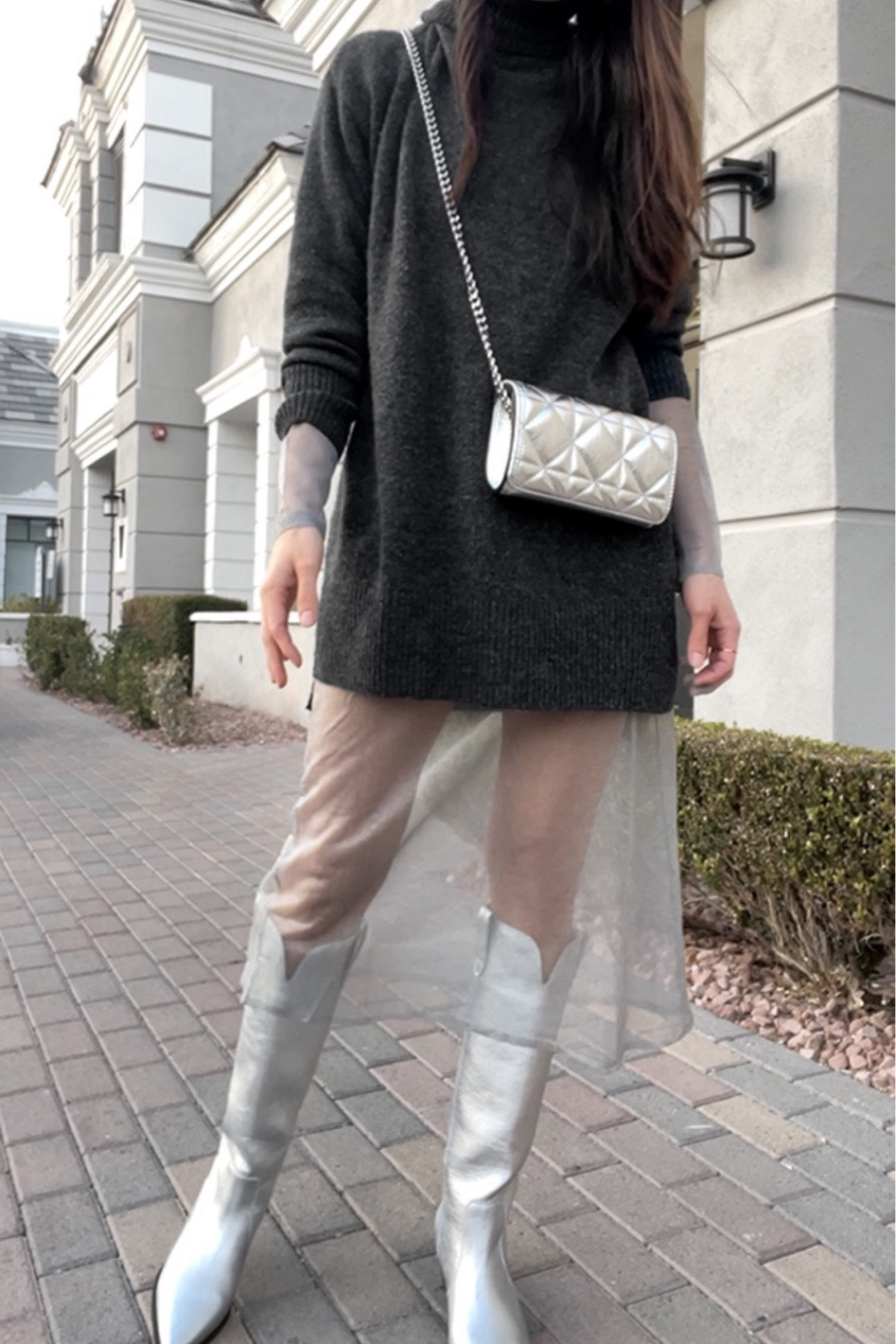 Boots with sheer dress ⚡️ 

Silver boots, cowboy boots, silver outfit, silver bag, turtle neck sweater 

#LTKstyletip #LTKunder50 #LTKunder100