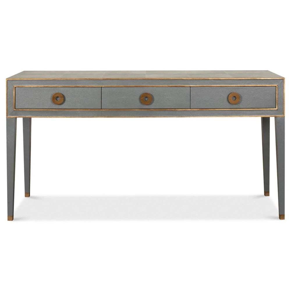 Levi Mid Century Modern Grey Shagreen Leather Brass Accent 3 Drawer Console Table | Kathy Kuo Home