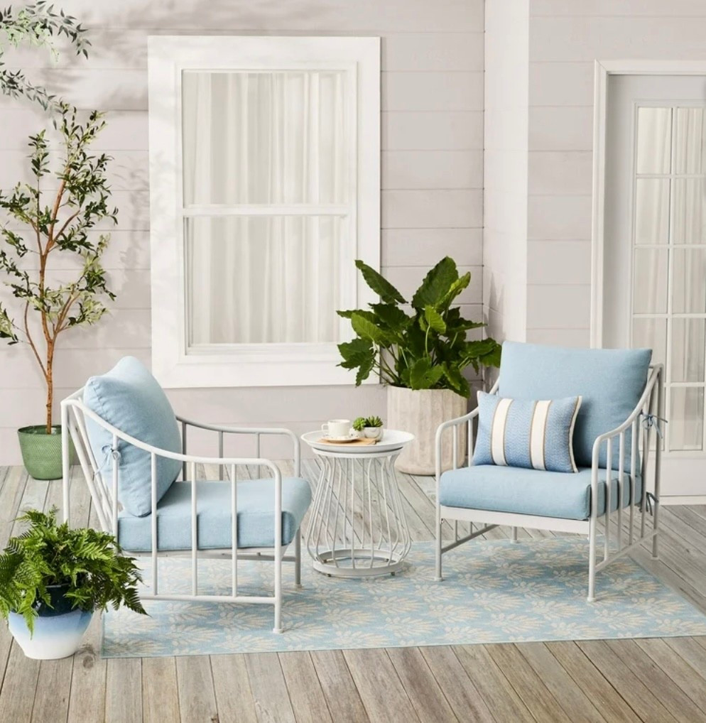 Pretty blue patio set. Outdoor furniture, patio chat set, outdoor rug. ￼front porch decor, patio decor 

#LTKdayinmylife #LTKHome #LTKSeasonal