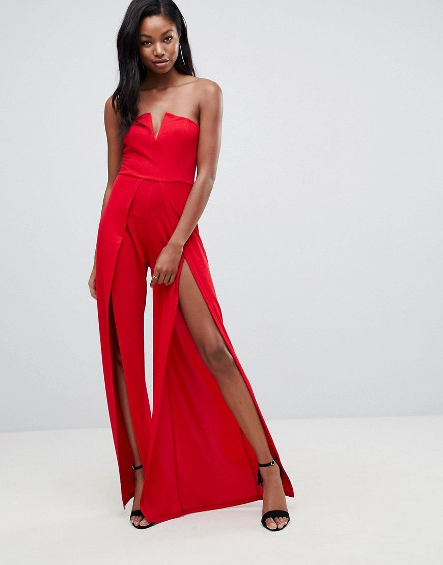 Club L Structured V Bandeau Jumpsuit With Split Leg Detail - Red | ASOS US