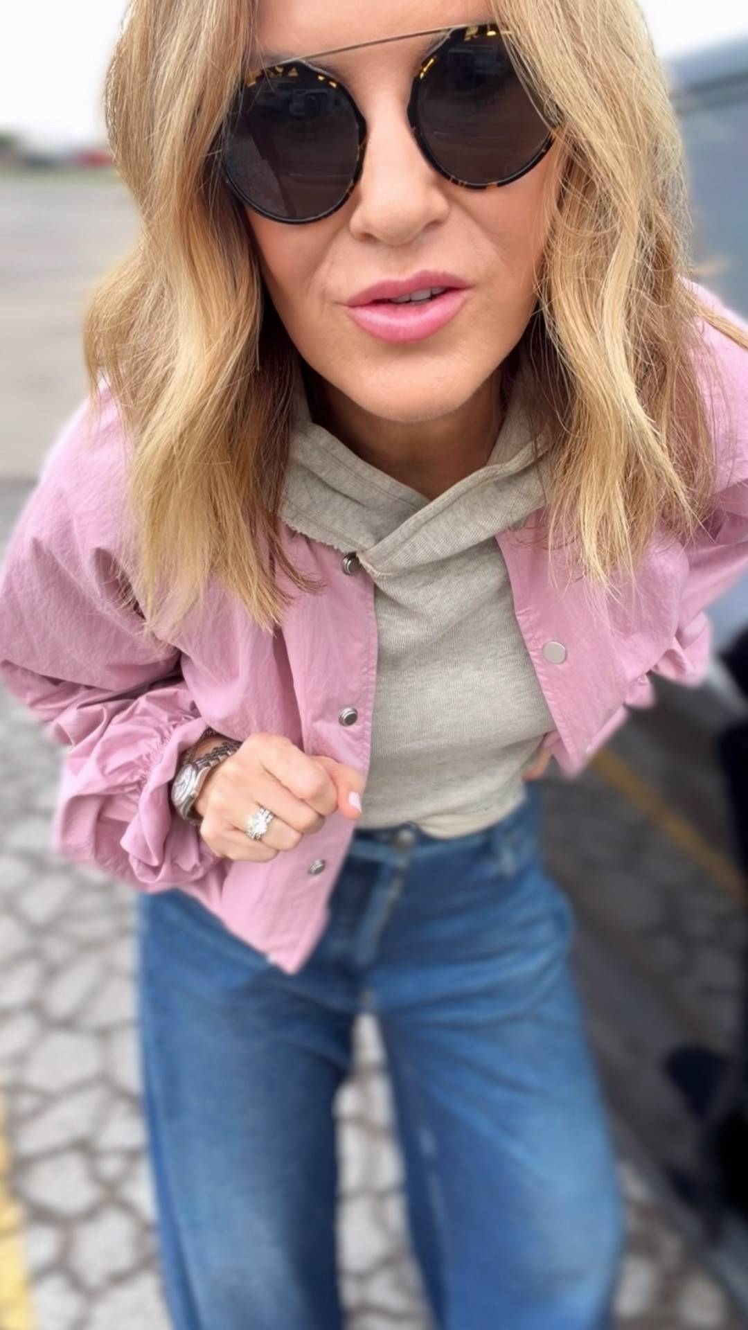 Ootd 
Medium shrunken hoodie
Size small jacket
Size 27 jeans sweatpant 

#LTKOver40 #LTKootd