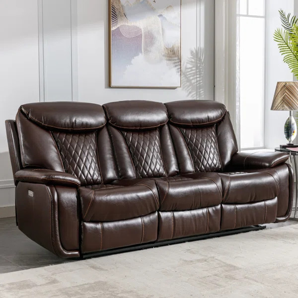 Saneela 84.6'' Wide Breathable Leather Pillow Top Arm Power Reclining Sofa with Diamond Stitching | Wayfair North America