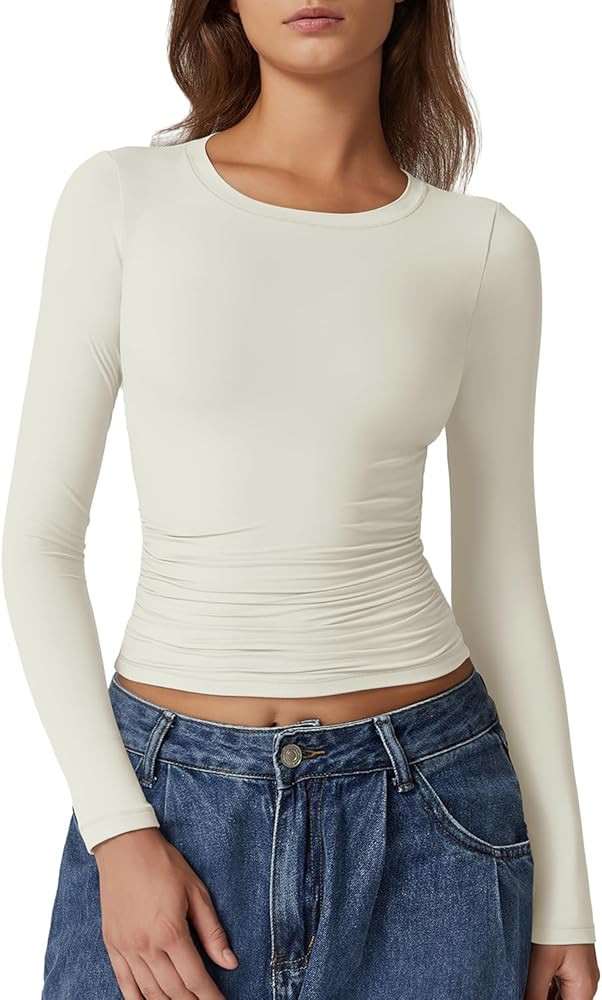 QINSEN Womens Crewneck Long Sleeve Shirt Double Lined Basic Tees Side Ruched Going Out Crop Tops | Amazon (US)