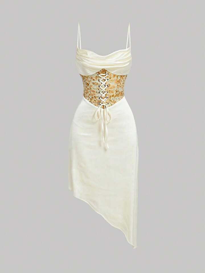 SHEIN MOD Vestido cami floral jacquard colarinho de drapeada bainha assimétrica | SHEIN