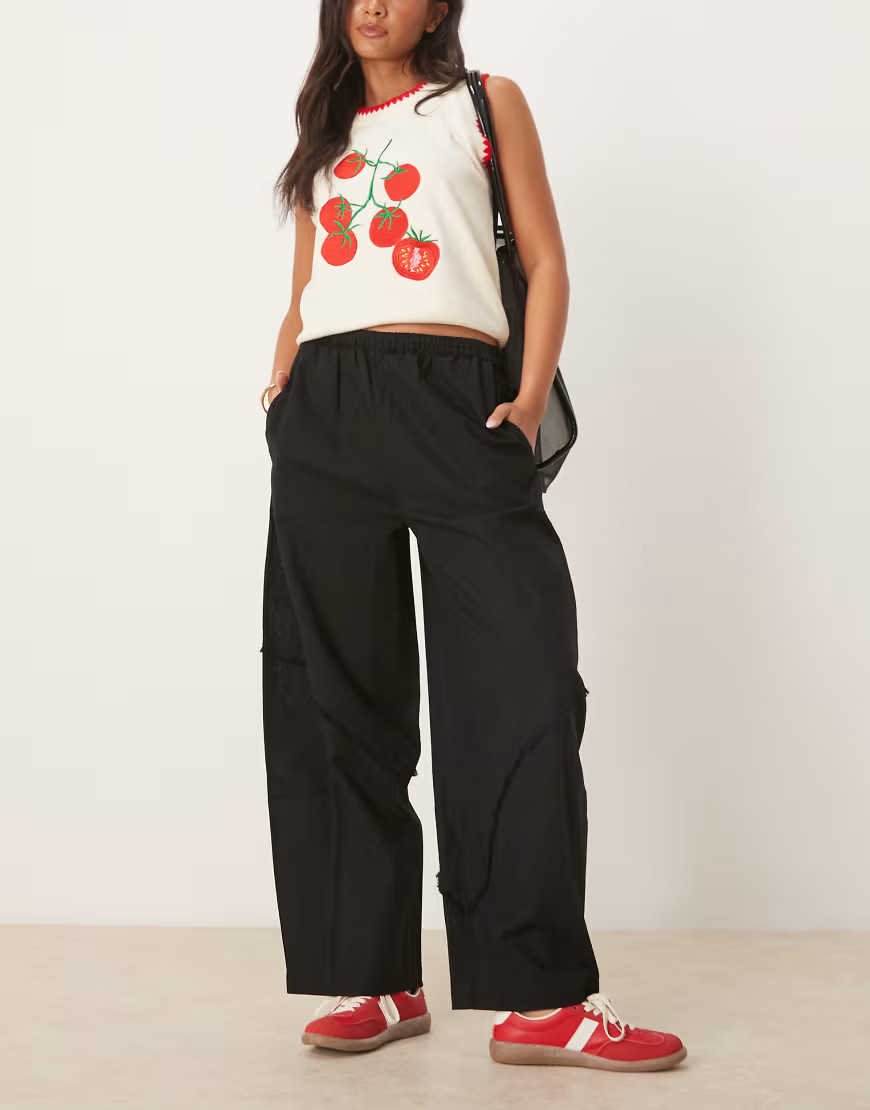 ASOS DESIGN linen blend pull on barrel leg trousers with raw seam detail in black | ASOS (Global)