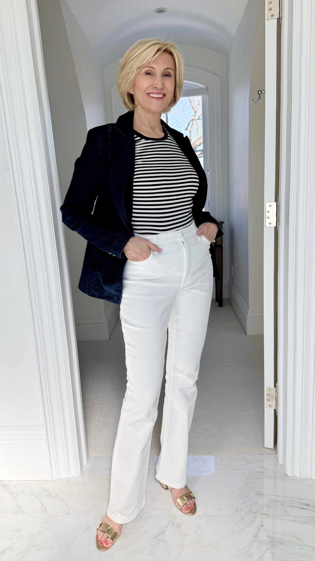 I always love a look that feels classic but still relaxed 💙 This outfit from Macy’s pairs a striped top with crisp white jeans and the cutest blue denim blazer with gold buttons that instantly pulls everything together. It’s polished without feeling too dressy and perfect for those days when you want to look effortlessly put together ✨ The gold slides were the finishing touch for me.

#LTKgrwm #LTKSeasonal #LTKOver40