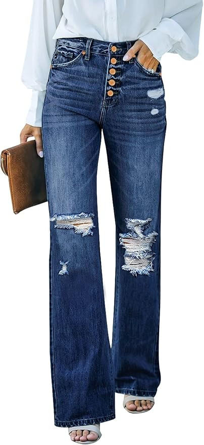 LookbookStore High Waisted Ripped Flare Jeans for Women Distressed Bell Bottom Jeans Wide Leg Pan... | Amazon (US)