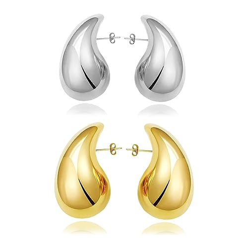 Drop Earring Dupes Extra Large For Women, Big Oversize Chunky Gold Hoop Lightweight Teardrop Trending Pierced Polished Hypoallergenic Gift Jewelry(L Gold+L Silver) | Amazon (US)