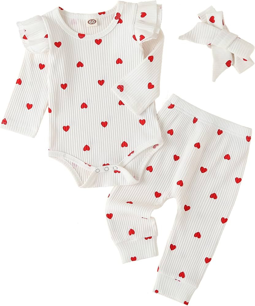 Baby Girl's 3pc Rib Frill Long Sleeve Romper and Pant Set | Amazon (US)