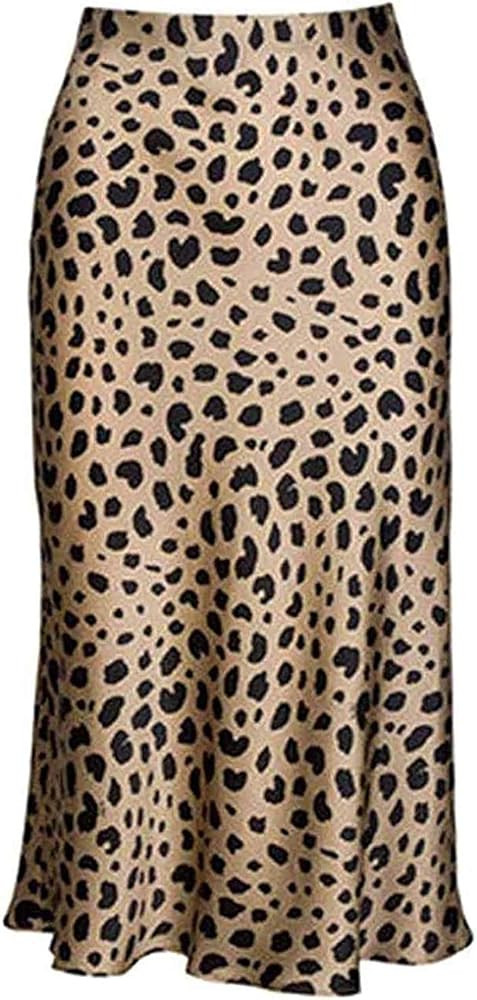 Keasmto Leopard Midi Skirt Plus Size for Women High Waist Silk Satin Elasticized Skirts | Amazon (US)