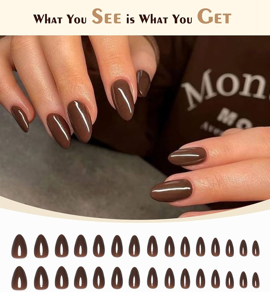 Morily Press on Nails Almond, Dark Brown Short Fake Nails with Designs Reusable Acrylic False Nai... | Amazon (US)