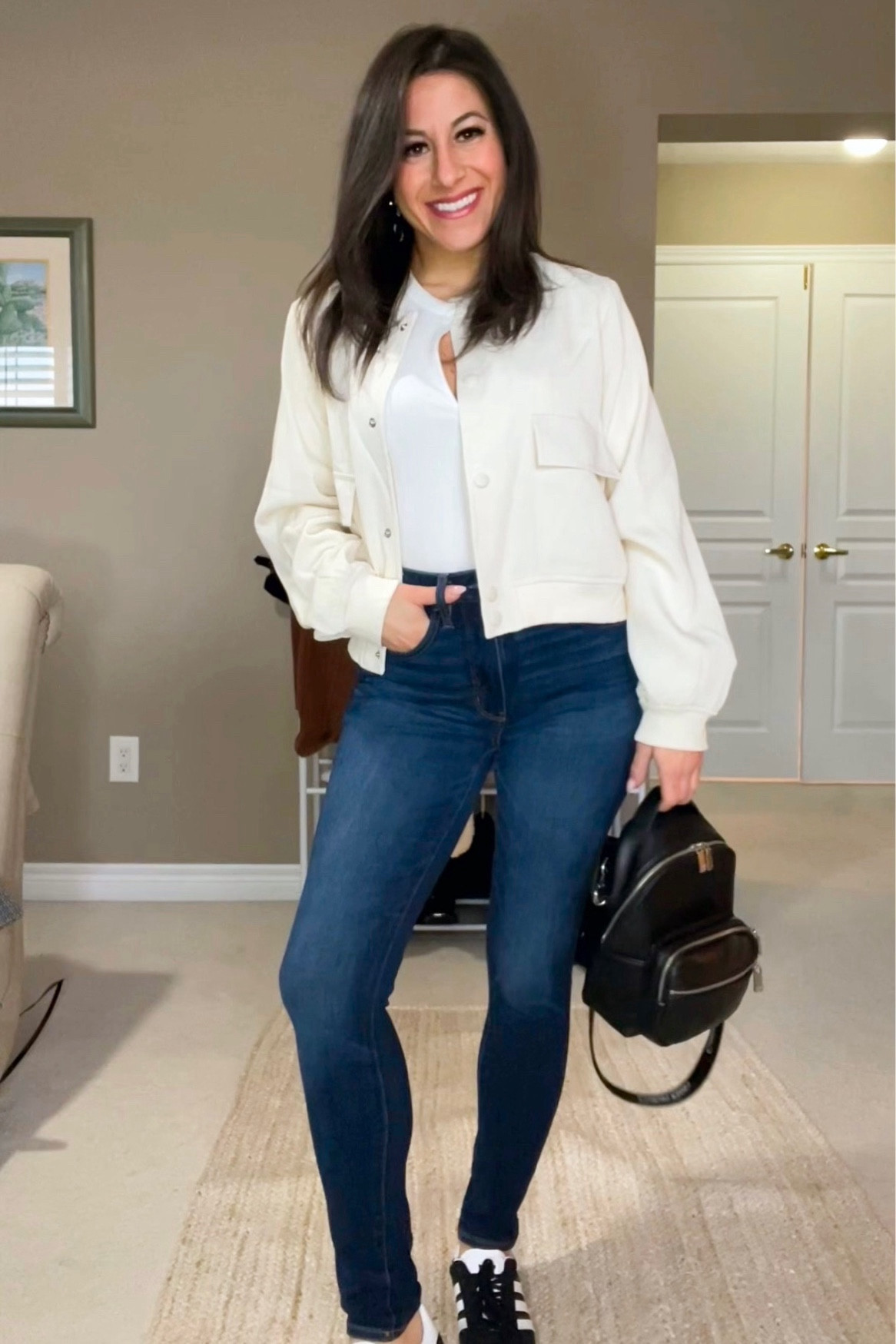 Super cute everyday spring look! Follow me on Instagram for direct links to my Amazon storefront ✨ 
@claudiaaguzzo
.
Wearing size 2 short in the jeans. Tons of stretch and perfect length I am 5’1. ✨ 
Wearing small sizes in the bodysuit and jacket 
.
.
.

Spring looks, spring outfit, easy outfit, everyday outfit, casual outfit 


#LTKover40 #LTKSpringSale #LTKstyletip