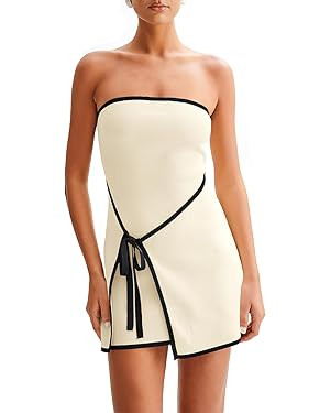 Wenrine Womens Sexy Tube Top Dress Strapless Self Tie Wrap Asymmetrical Hem Knit Summer Party Min... | Amazon (US)