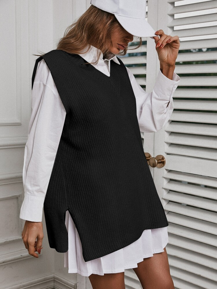 Solid Ribbed Split Side Sweater Vest | SHEIN