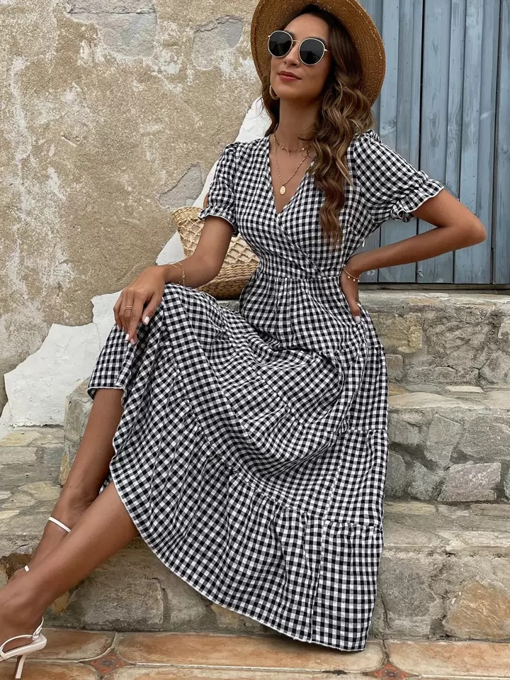 SHEIN VCAY Gingham Surplice Front Ruffle Hem Dress | SHEIN