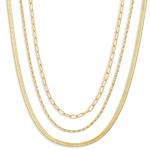 Amazon Essentials 14K Gold Plated Paperclip, Station and Herringbone Chain 3 Row Layered Necklace 16" 18" 20", Yellow Gold | Amazon (US)