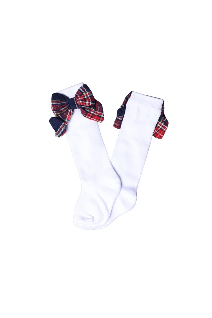Christmas Navy Tartan Bow Socks | The Smocked Flamingo