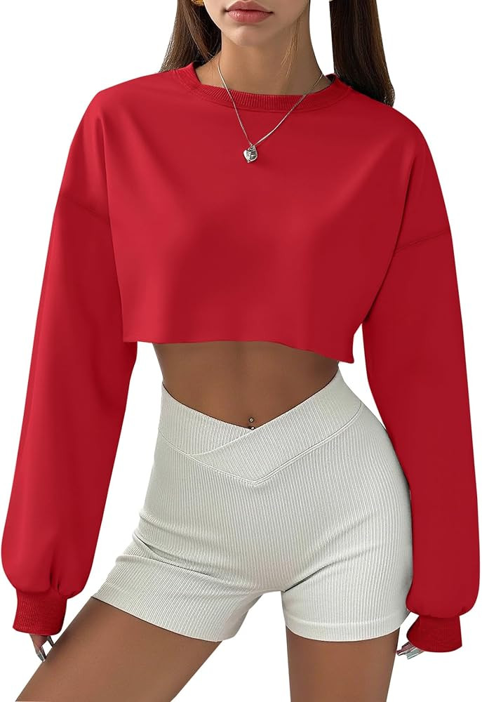 Remidoo Womens Casual Basic Cropped Sweatshirt Fleece Long Sleeve Crop Top Crewneck Drop Shoulder... | Amazon (US)