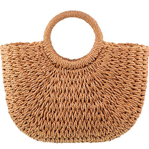 Frienda Straw Tote Bag Summer Beach Bag Handmade Straw Rattan Woven Handbag for Women Travel (12.6 x 2.36 x 8.66 Inch,Khaki) | Amazon (US)