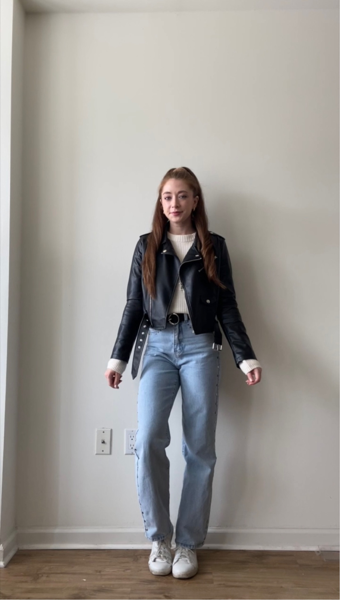 Fall outfit includes 
- black faux leather jacket
- cream colored cashmere sweater 
- baggy mom jeans 
- white sneakers 
- gold earrings 

#LTKSeasonal #LTKunder50