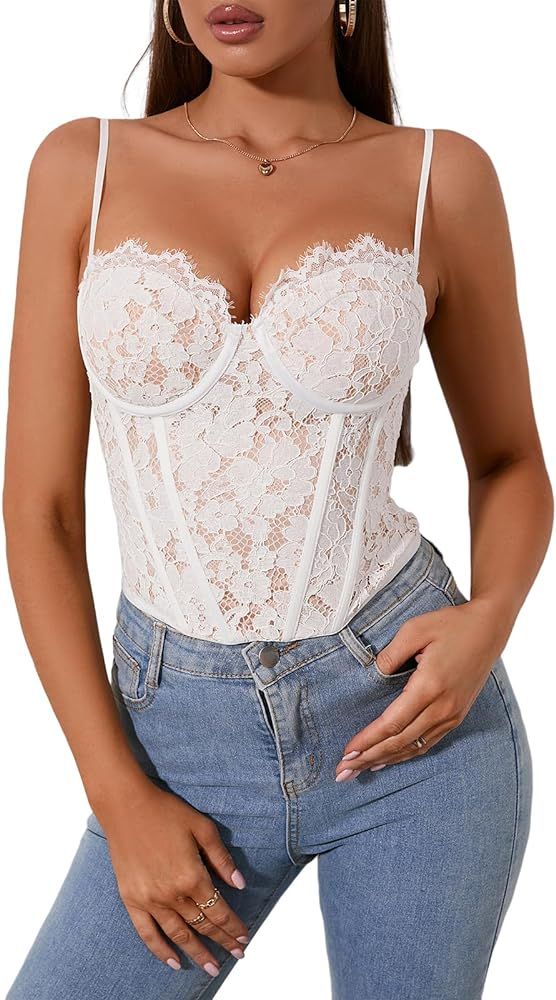 Colysmo Sexy Lace Corset Top Spaghetti Strap Bustier Going Out Club Crop Tops for Women | Amazon (US)