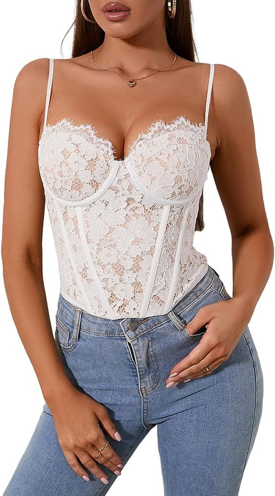 Colysmo Sexy Lace Corset Top Spaghetti Strap Bustier Going Out Club Crop Tops for Women | Amazon (US)