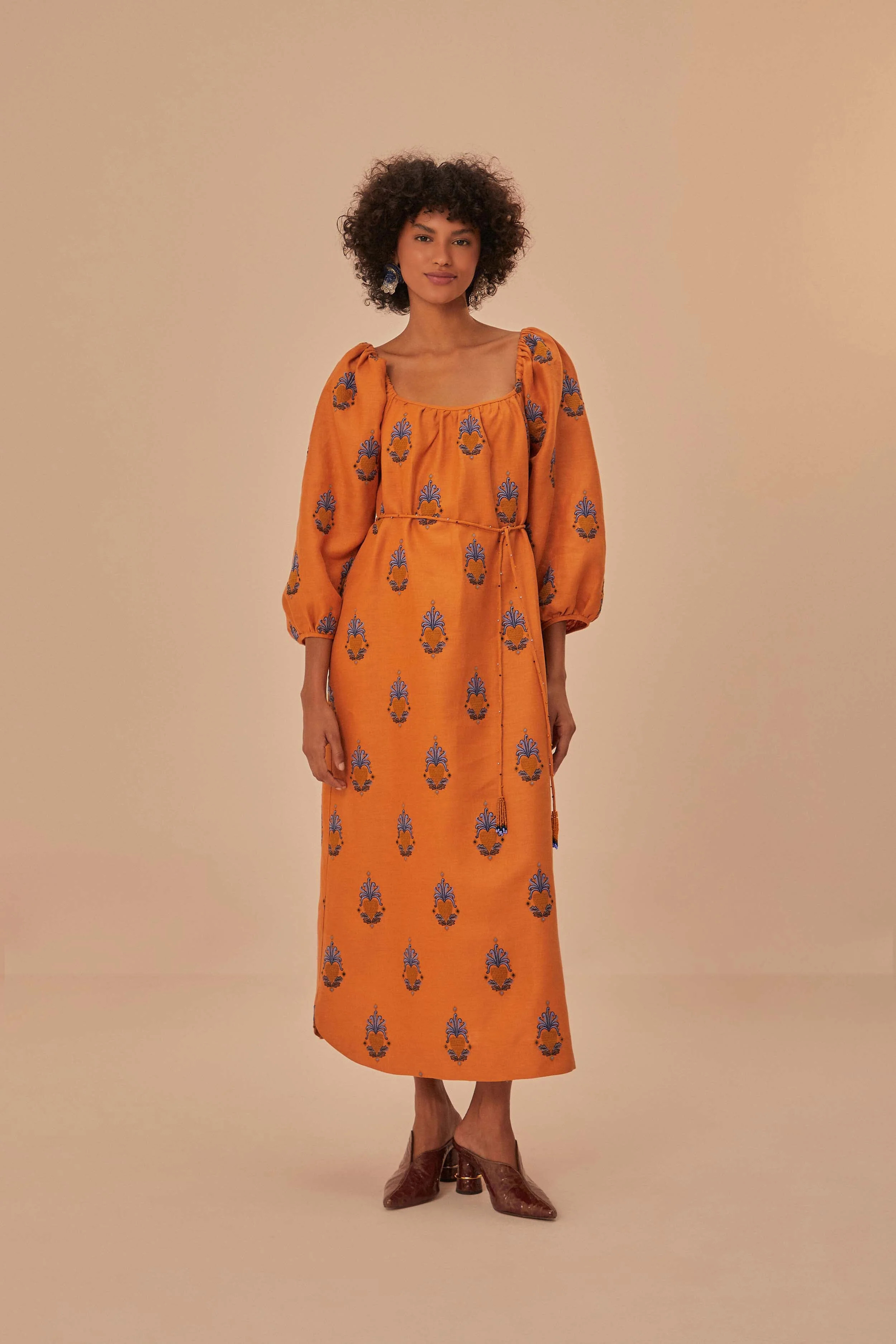Yellow Embroidered Midi Dress | FarmRio (US)