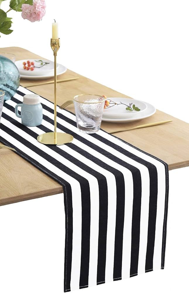 BOXAN Classical Sustained Black and White Striped Table Runner - 12" x 108" / 9FT, Cotton Modern ... | Amazon (US)