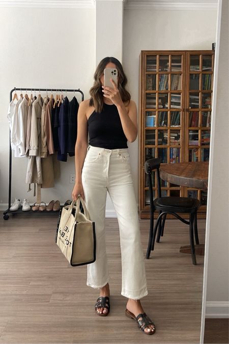 Minimal & elevated spring/summer style 

Tank xs
Levi’s ribcage jeans tts - on sale 
Sandals tts 
Marc jacobs tote 

- linked to similar styles for most items 

#LTKsalealert #LTKstyletip