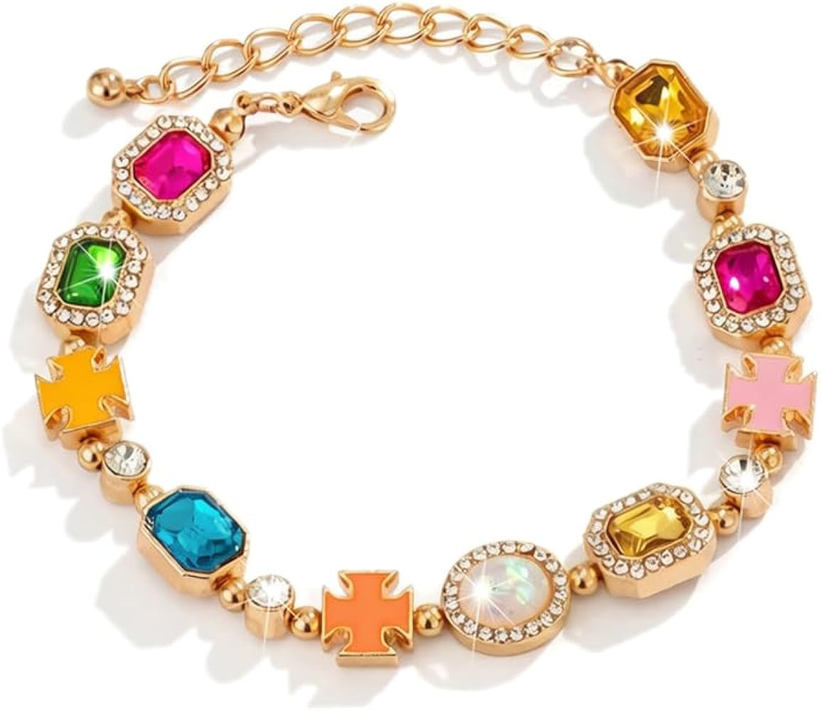 Colorful Geometric Cross Rhinestone Charm Bracelet for Women Crystal Plus Gold Silver Statement V... | Amazon (US)