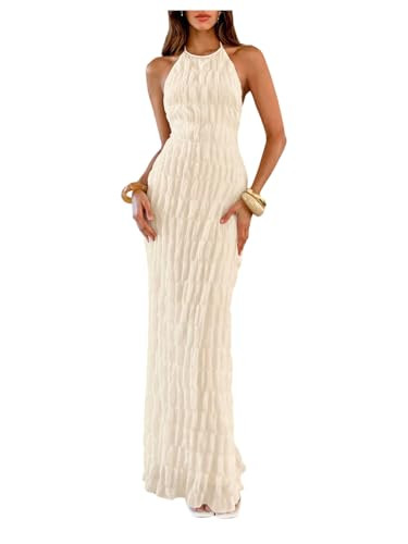 OYOANGLE Women's Textured Halter Maxi Dress Backless Sleeveless Bodycon Long Sundress for Beach Vacation Cocktail Party Apricot X-Small | Amazon (US)