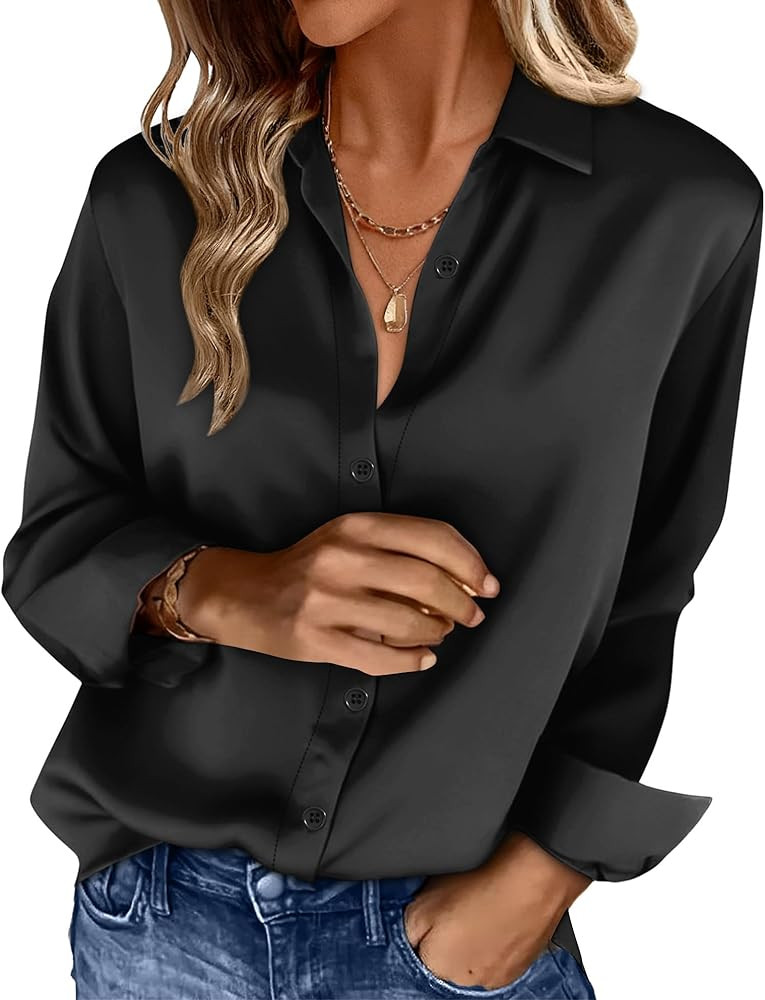 OFEEFAN Womens Button Down Shirts Long Sleeve Tops Silk Satin Blouses Business Casual Fashion Out... | Amazon (US)
