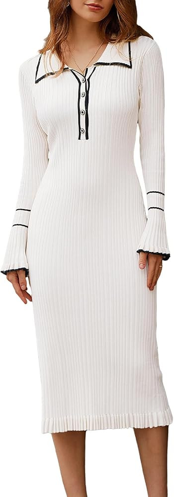 GRACE KARIN Women's 2024 Long Sleeve Sweater Dress Button Knit Slim Fit Casual V Neck Elegant Bod... | Amazon (US)
