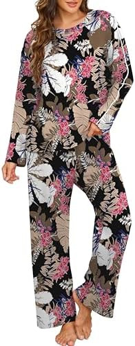 PrinStory Womens Pajama Set 2025 Lounge Sets Long Sleeve Pajamas Soft 2 Piece Pjs with Pockets | Amazon (US)