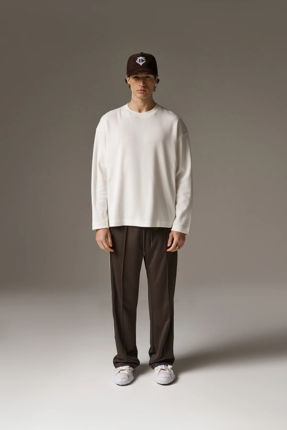 WAFFLE LONG SLEEVE T-SHIRT - OFF WHITE | The Couture Club