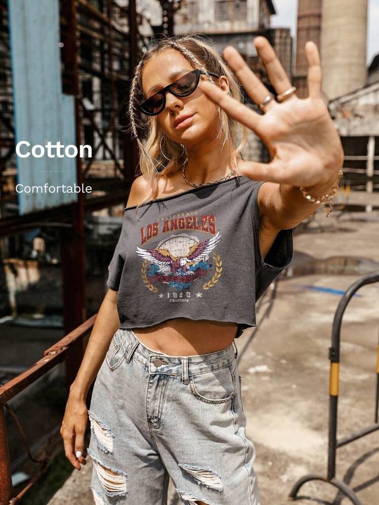 PUNK Letter & Animal Print Asymmetrical Neck Crop Tee Graphic Tees Women Tops | SHEIN