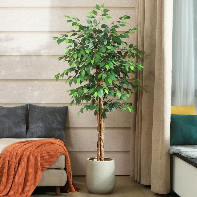 5ft Artificial Ficus Tree with Natural Wood Trunk, Silk Fake Ficus Tree in Plastic Nursery Pot, F... | Walmart (US)