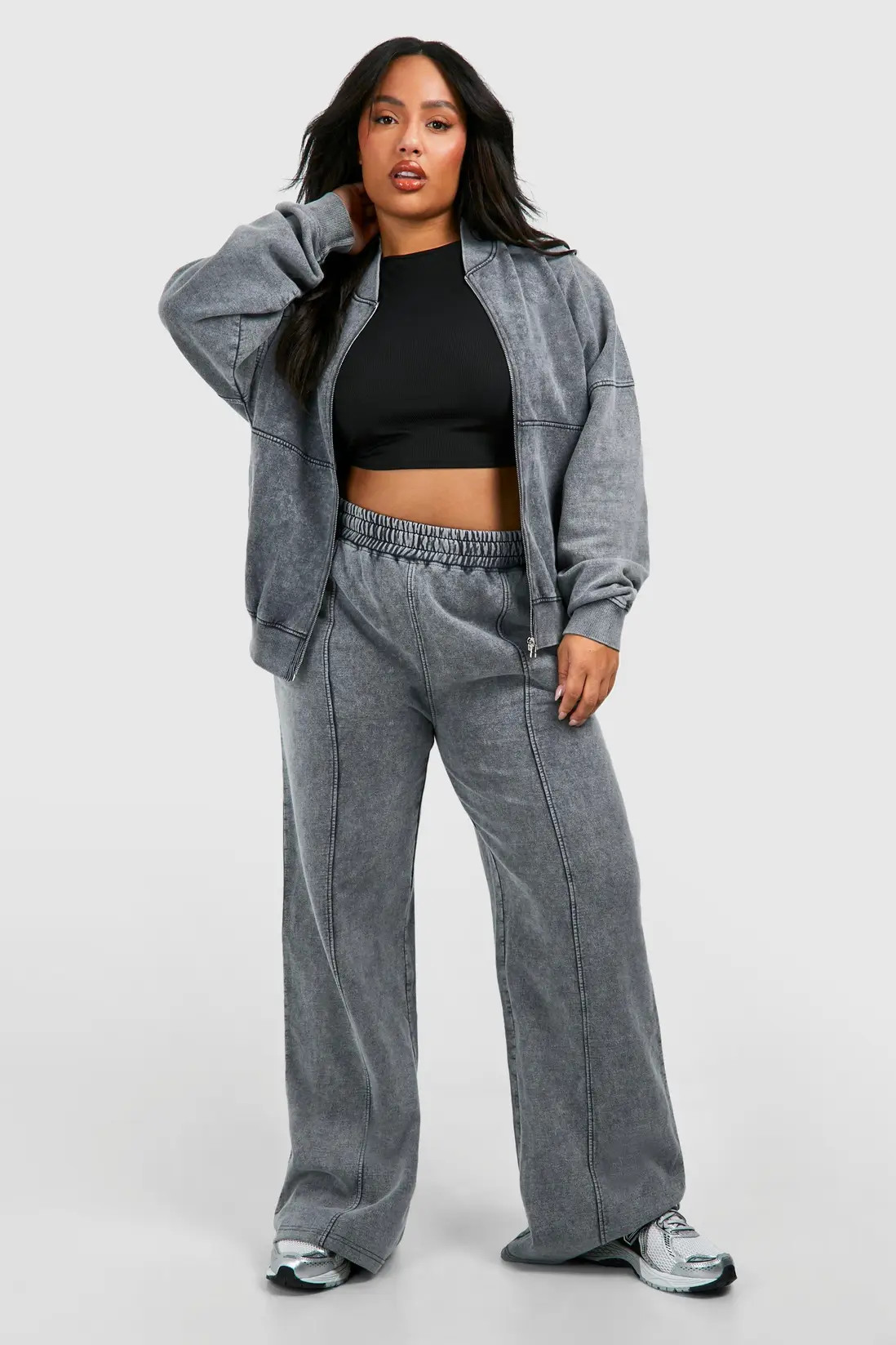 Charcoal Plus Washed Zip Through Bomber Straight Leg Tracksuit | Boohoo USA | boohoo (US & Canada)