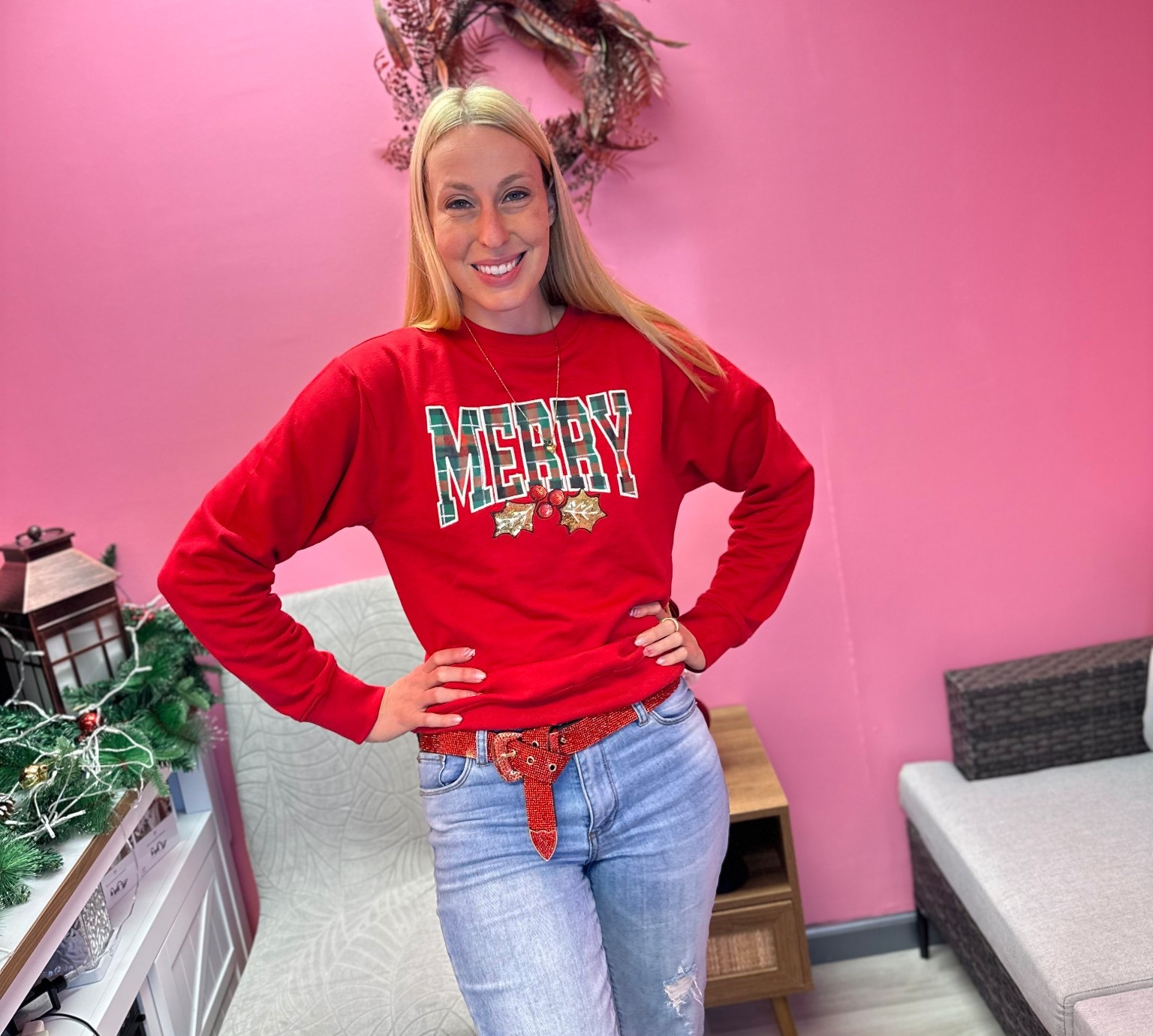 Red sparkly belt for the holidays 
❤️ pro tip - go with a bigger size to tie it like this 

#LTKFindsUnder50 #LTKTall #LTKHoliday