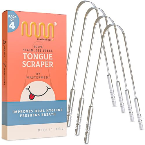 MasterMedi Tongue Cleaner Tongue Scraper Surgical Grade Stainless Steel Tongue Brush Dental Kit Professional Eliminate Bad Breath With Non-synthetic Grip (Family Pack (4 pcs) | Amazon (US)