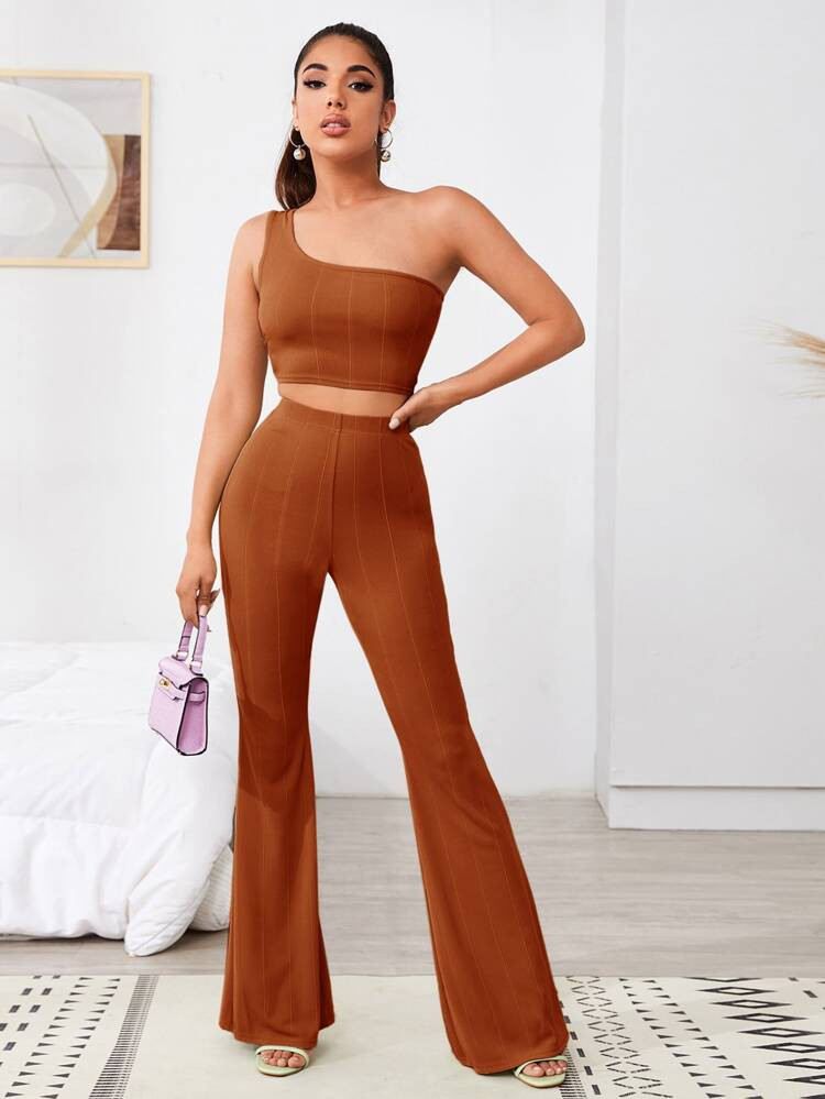SHEIN Ribbed One-Shoulder Crop Top & Flare Pants Set | SHEIN