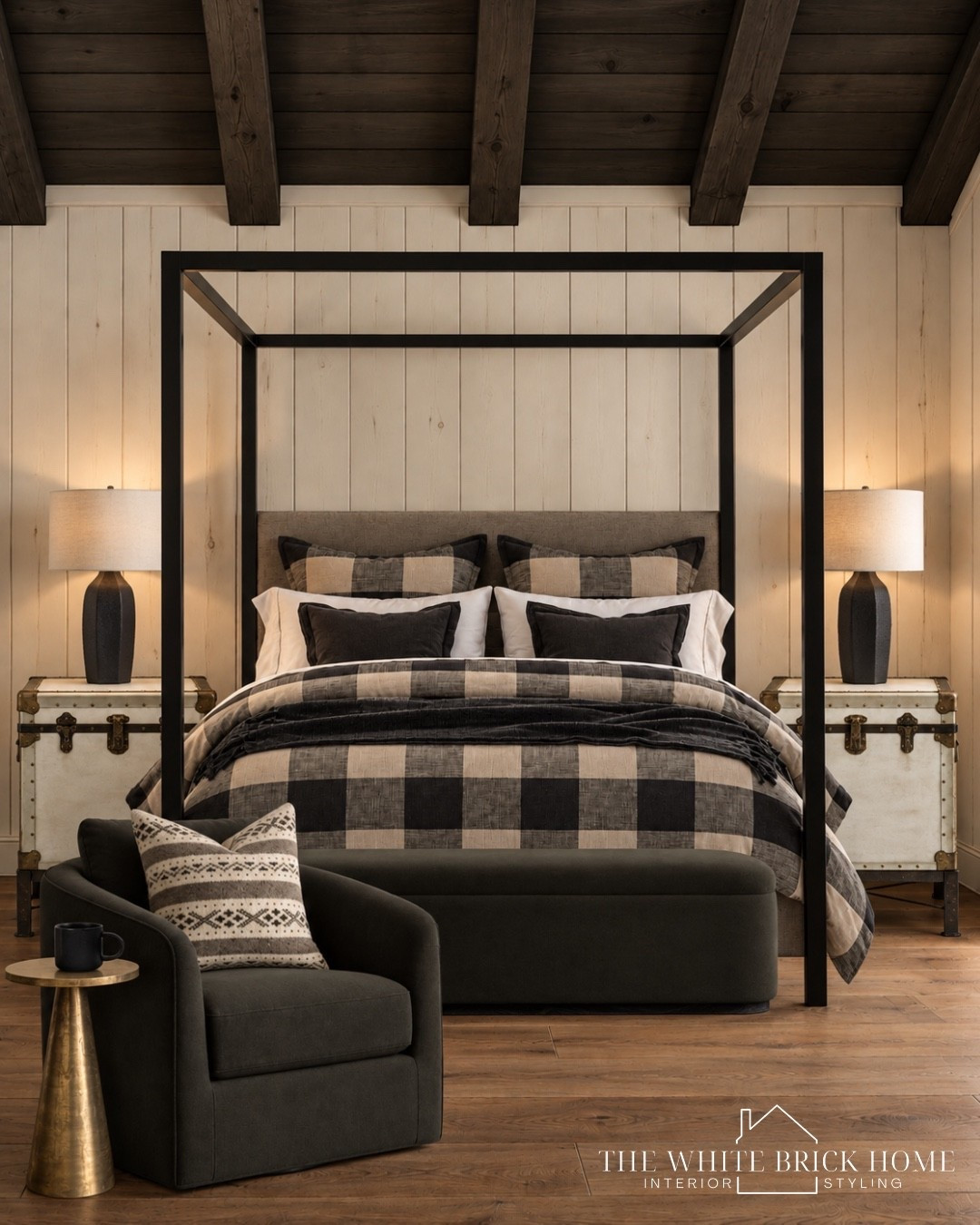 A cozy, elevated retreat where rustic charm meets sophisticated style with bold buffalo plaid and timeless black accents. 

Bed, bedroom, bedding, bedroom design, bedroom decor, bedding, side table, accent chair, home decor, home design, bedroom ideas, bedroom lamp, cozy bedroom, side table, throw pillows, home decor ideas, home design, bedroom design, canopy bed, bedding, cozy bedroom, primary bedroom, pottery barn bedroom, ottomans, bench, rustic cozy bedroom, pottery barn, wayfair