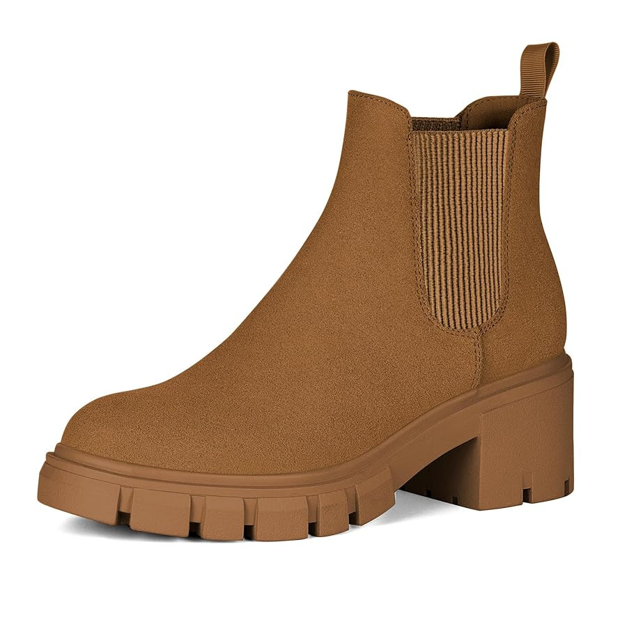 Athlefit Women's Chelsea Boots Fashion Lug Sole Chunky Heel Slip on Elastic Ankle Booties | Amazon (US)