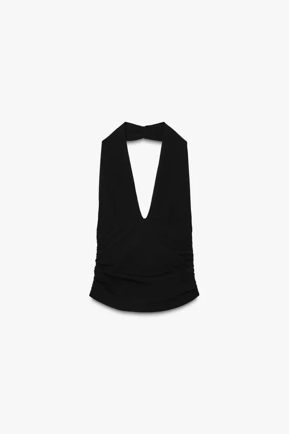 Stretch knit top. Halter neck and V-neckline. Ruched detail. | Zara US