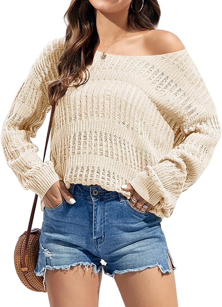Womens Off The Shoulder Knit Sweaters Long Sleeve Hollow Out Crochet Lightweight Sexy Loose Pullo... | Amazon (US)