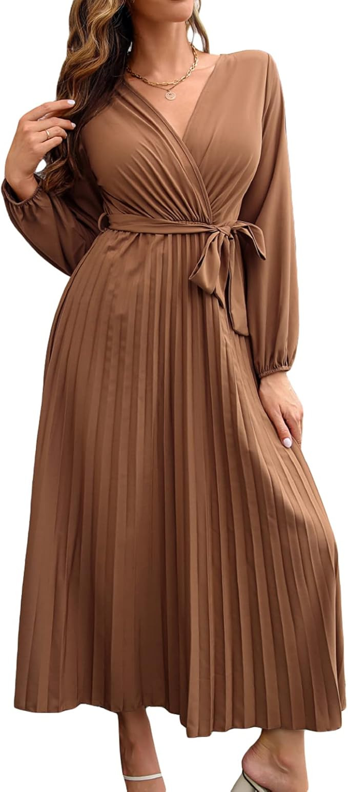 Women's Elegant Belted Pleated Flounce Sleeve Long Dress Wrap V Neck A-Line Pleated Hem Flowy Swi... | Amazon (UK)