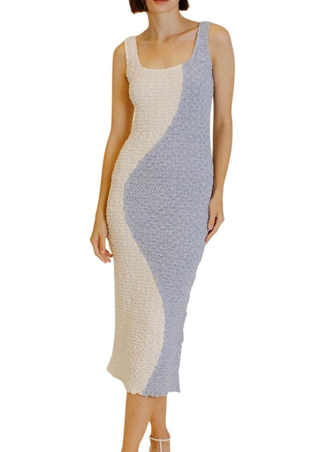 Powder blue and white color blocked smocked midi | Mulberry & King