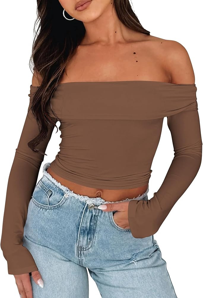 Women’s Y2K Off Shoulder Crop Top Foldover Long Sleeve Crop Tees Ruched Slim Fit T-Shirt Going ... | Amazon (US)