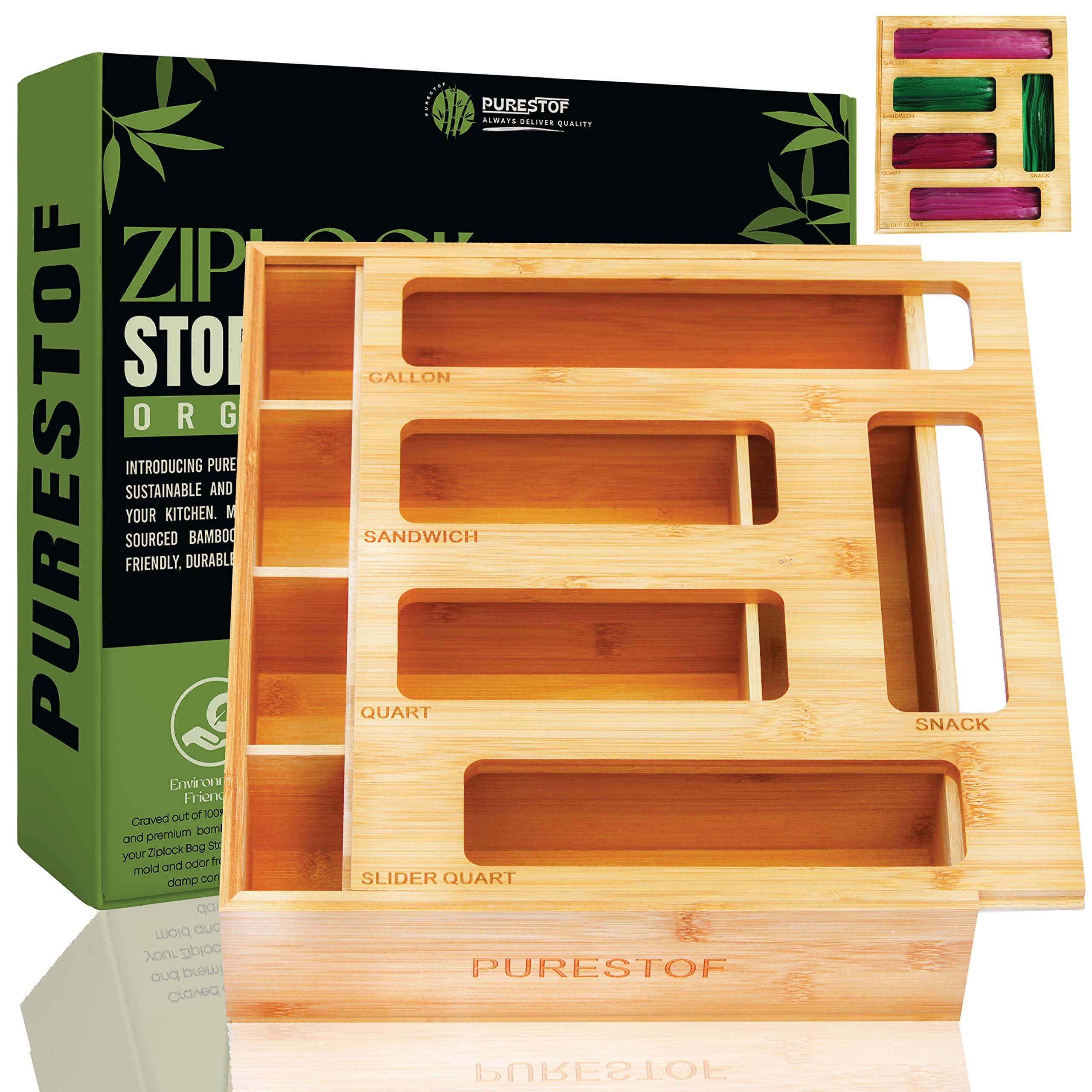 PURESTOF Bamboo Ziplock Bag Organizer, 5 Slots Wooden Sandwich Bag Organizer for Drawer, Plastic Foo | Amazon (US)