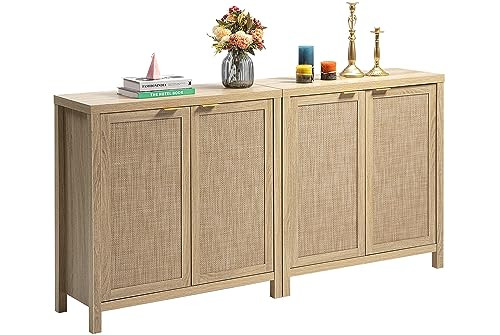 SICOTAS Credenza Sideboard Buffet Cabinet - Boho Rattan Kitchen Storage Cabinet with 4 Rattan Dec... | Amazon (US)